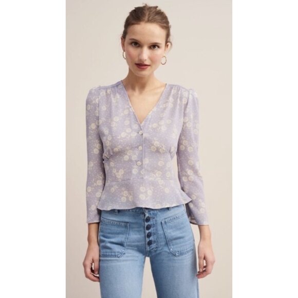 ROUJE PARIS Mimi Blouse Top in Lavender Floral Cottagecore Feminine Retro Pastel - Picture 1 of 15